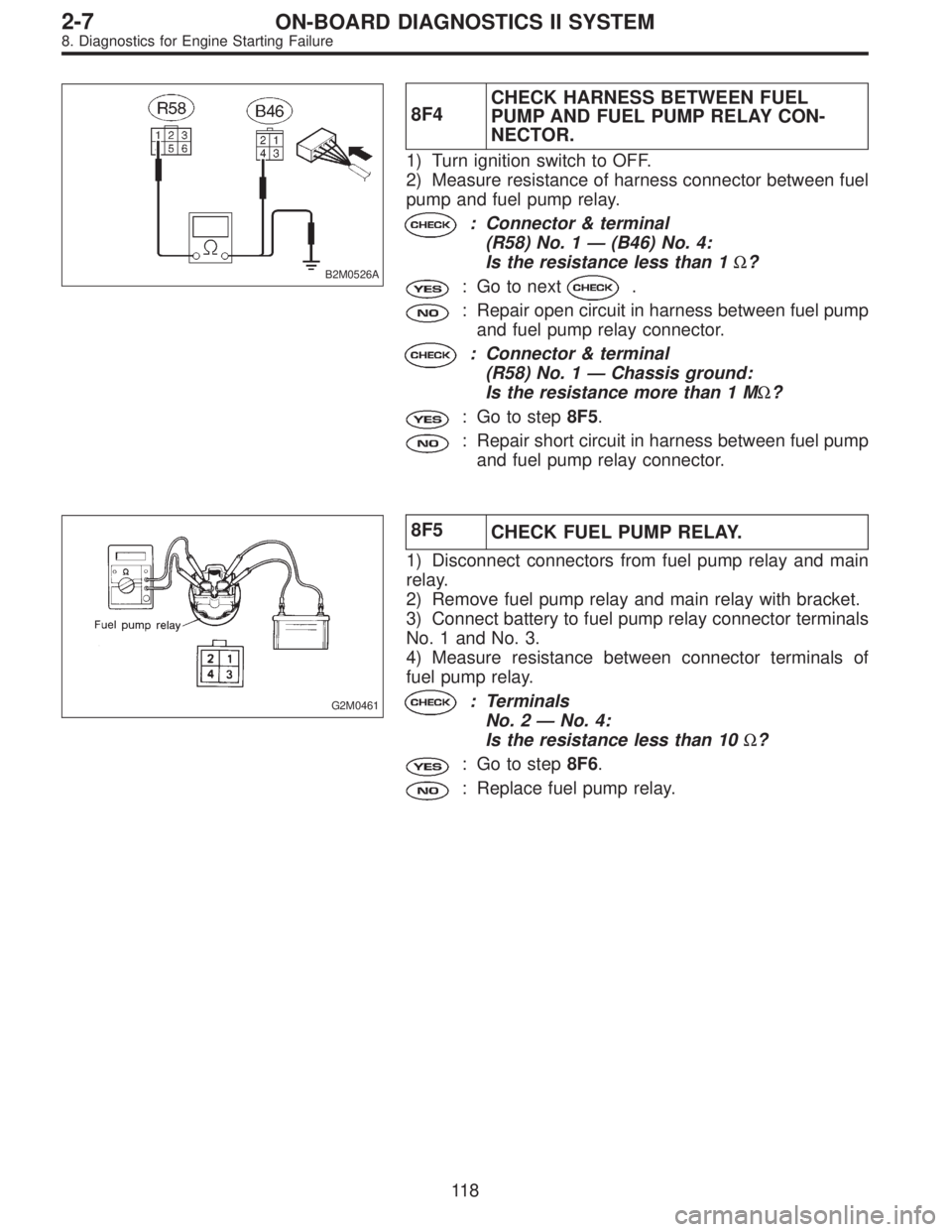 SUBARU LEGACY 1997 Service Repair Manual B2M0526A
8F4CHECK HARNESS BETWEEN FUEL
PUMP AND FUEL PUMP RELAY CON-
NECTOR.
1) Turn ignition switch to OFF.
2) Measure resistance of harness connector between fuel
pump and fuel pump relay.
: Connect SUBARU LEGACY 1997 Service Repair Manual B2M0526A
8F4CHECK HARNESS BETWEEN FUEL
PUMP AND FUEL PUMP RELAY CON-
NECTOR.
1) Turn ignition switch to OFF.
2) Measure resistance of harness connector between fuel
pump and fuel pump relay.
: Connect