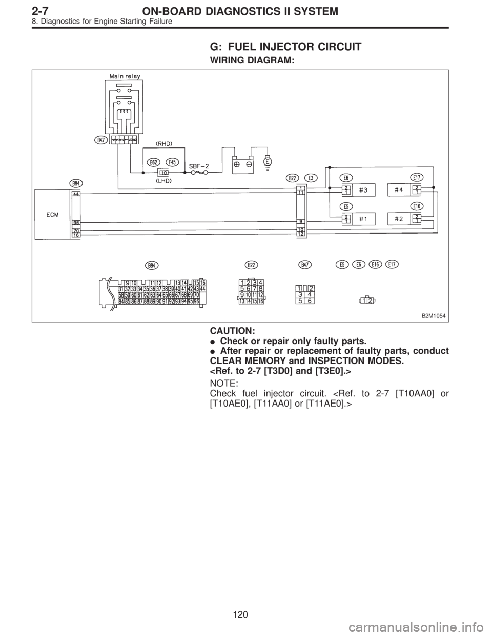 SUBARU LEGACY 1997  Service Repair Manual G: FUEL INJECTOR CIRCUIT
WIRING DIAGRAM:
B2M1054
CAUTION:
Check or repair only faulty parts.
After repair or replacement of faulty parts, conduct
CLEAR MEMORY and INSPECTION MODES.
<Ref. to 2-7 [T3D