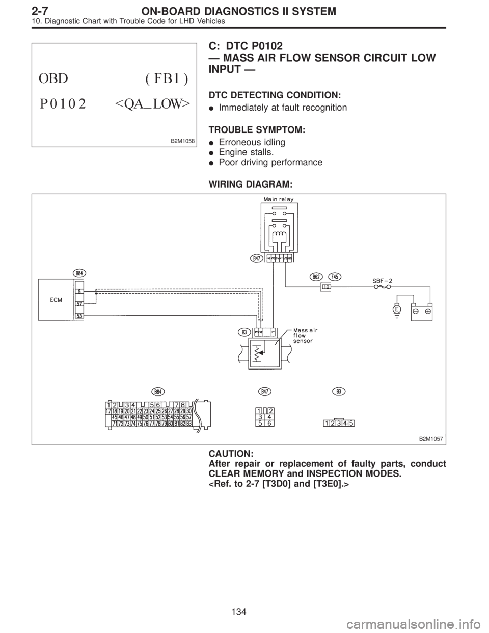 SUBARU LEGACY 1997  Service Repair Manual B2M1058
C: DTC P0102
—MASS AIR FLOW SENSOR CIRCUIT LOW
INPUT—
DTC DETECTING CONDITION:
Immediately at fault recognition
TROUBLE SYMPTOM:
Erroneous idling
Engine stalls.
Poor driving performanc