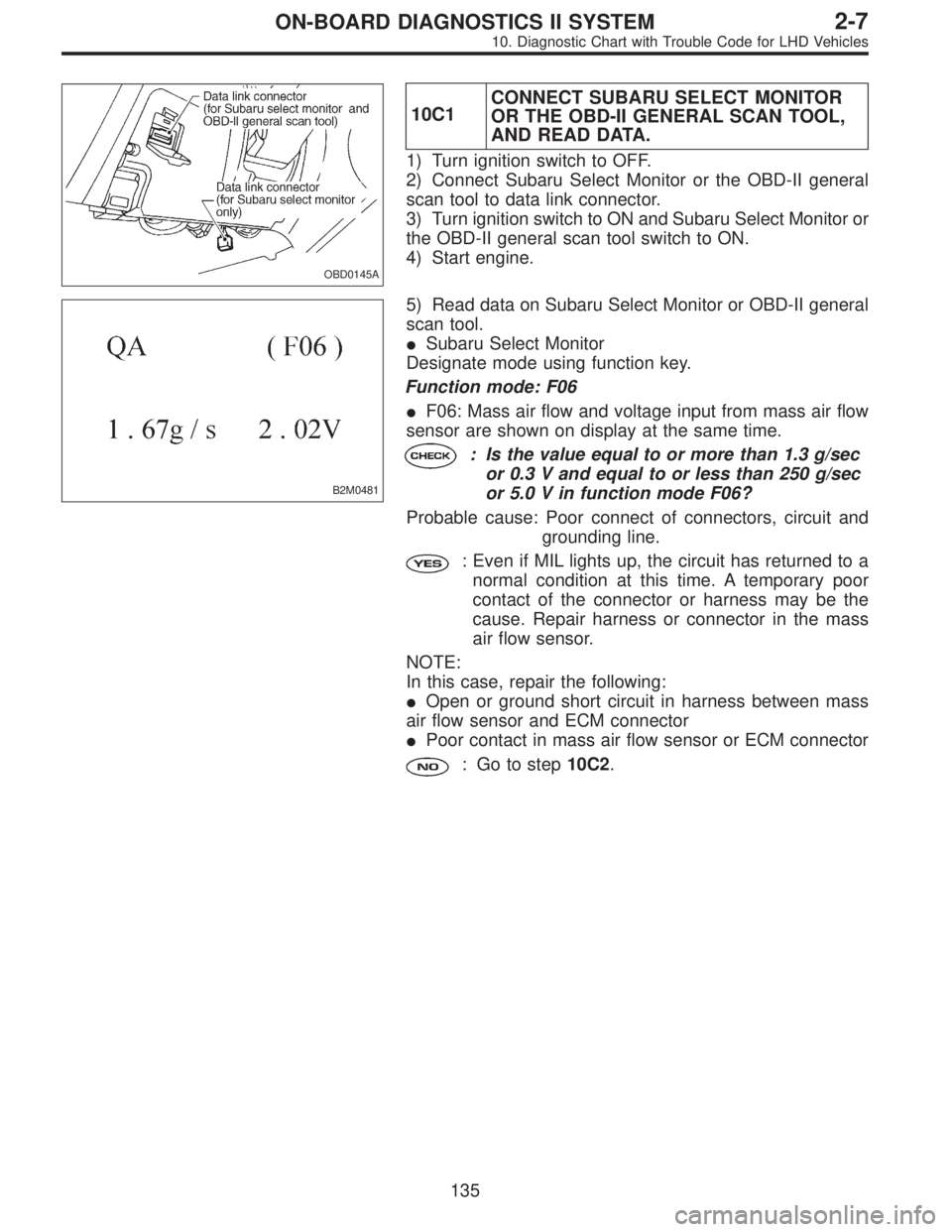 SUBARU LEGACY 1997  Service Repair Manual OBD0145A
10C1CONNECT SUBARU SELECT MONITOR
OR THE OBD-II GENERAL SCAN TOOL,
AND READ DATA.
1) Turn ignition switch to OFF.
2) Connect Subaru Select Monitor or the OBD-II general
scan tool to data link