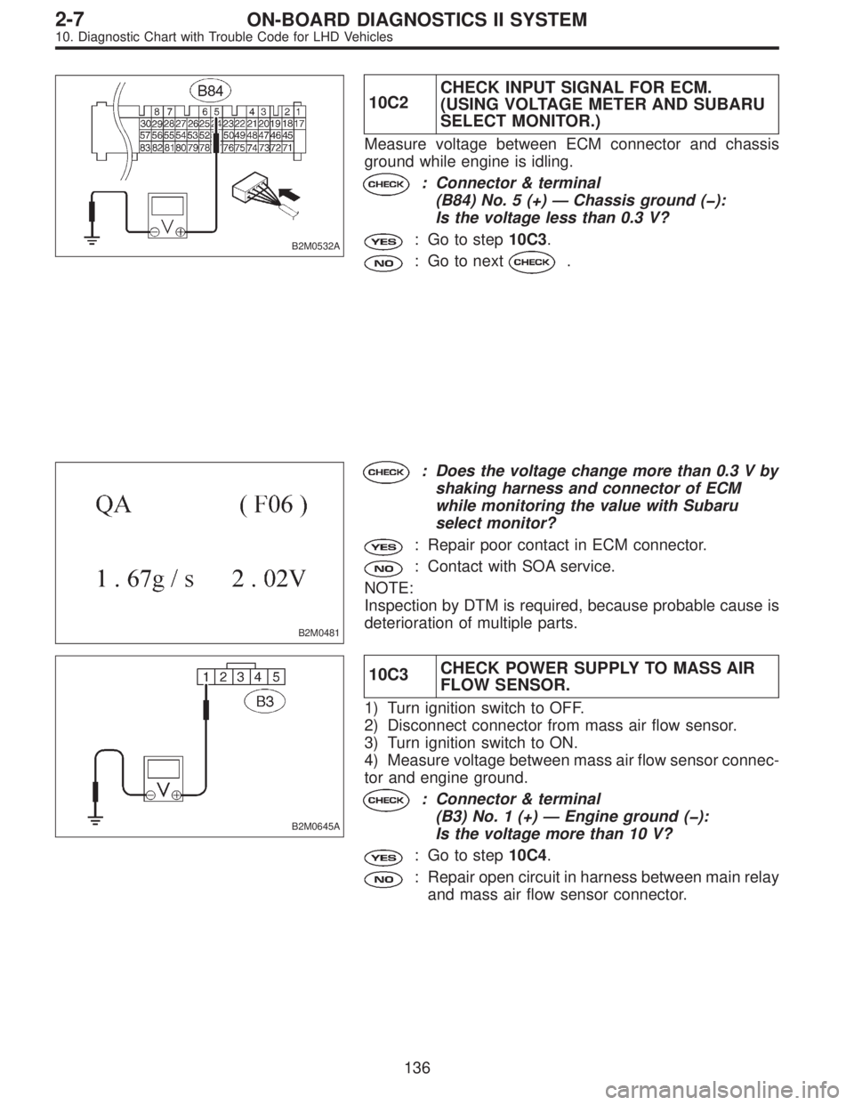 SUBARU LEGACY 1997  Service Repair Manual B2M0532A
10C2CHECK INPUT SIGNAL FOR ECM.
(USING VOLTAGE METER AND SUBARU
SELECT MONITOR.)
Measure voltage between ECM connector and chassis
ground while engine is idling.
: Connector & terminal
(B84) 