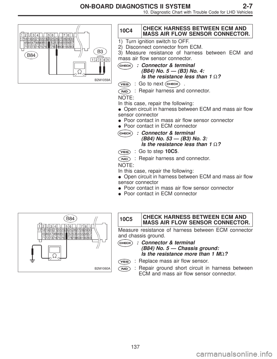 SUBARU LEGACY 1997  Service Repair Manual B2M1059A
10C4CHECK HARNESS BETWEEN ECM AND
MASS AIR FLOW SENSOR CONNECTOR.
1) Turn ignition switch to OFF.
2) Disconnect connector from ECM.
3) Measure resistance of harness between ECM and
mass air f