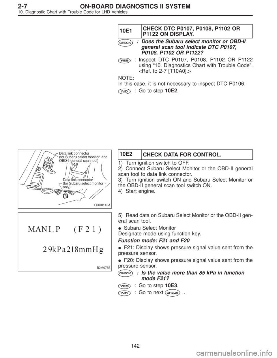 SUBARU LEGACY 1997  Service Repair Manual 10E1CHECK DTC P0107, P0108, P1102 OR
P1122 ON DISPLAY.
: Does the Subaru select monitor or OBD-II
general scan tool indicate DTC P0107,
P0108, P1102 OR P1122?
: Inspect DTC P0107, P0108, P1102 OR P112