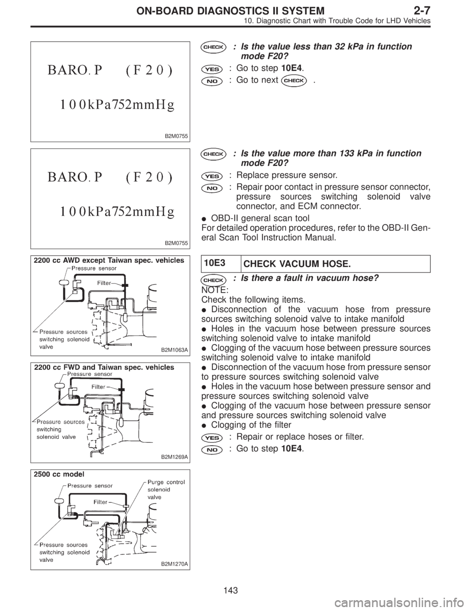 SUBARU LEGACY 1997  Service Repair Manual B2M0755
: Is the value less than 32 kPa in function
mode F20?
: Go to step10E4.
: Go to next.
B2M0755
: Is the value more than 133 kPa in function
mode F20?
: Replace pressure sensor.
: Repair poor co