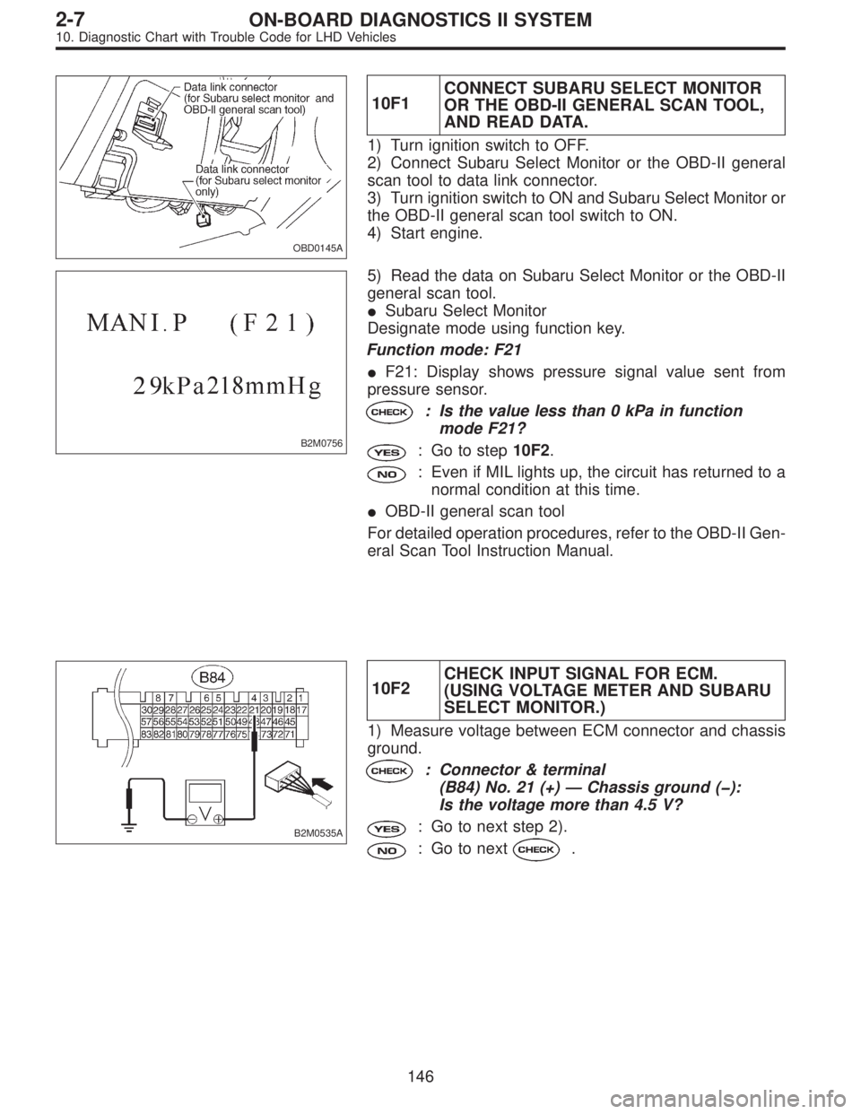 SUBARU LEGACY 1997  Service Repair Manual OBD0145A
10F1CONNECT SUBARU SELECT MONITOR
OR THE OBD-II GENERAL SCAN TOOL,
AND READ DATA.
1) Turn ignition switch to OFF.
2) Connect Subaru Select Monitor or the OBD-II general
scan tool to data link