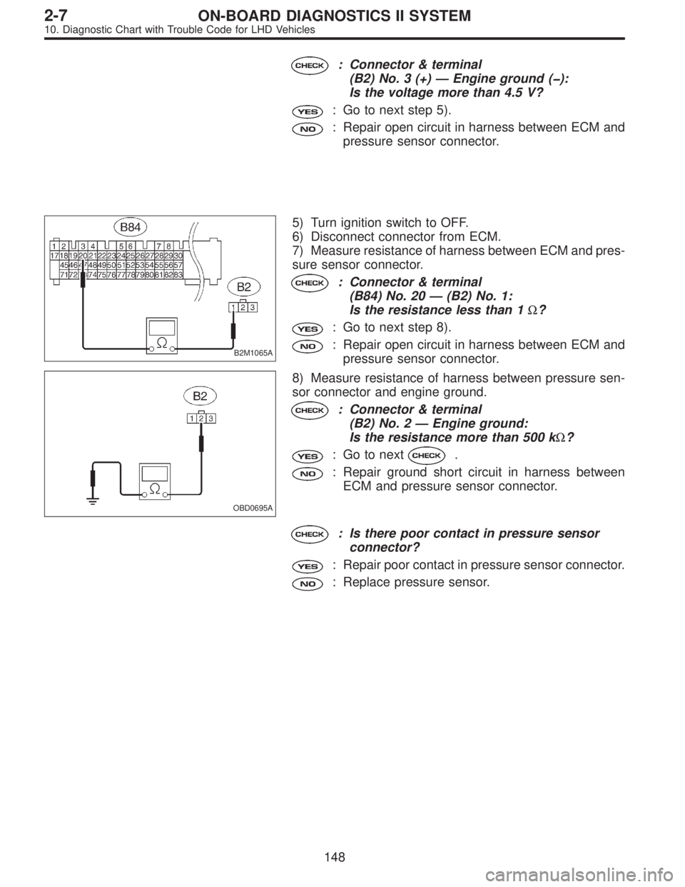 SUBARU LEGACY 1997  Service Repair Manual : Connector & terminal
(B2) No. 3 (+)—Engine ground (�):
Is the voltage more than 4.5 V?
: Go to next step 5).
: Repair open circuit in harness between ECM and
pressure sensor connector.
B2M1065A
5)