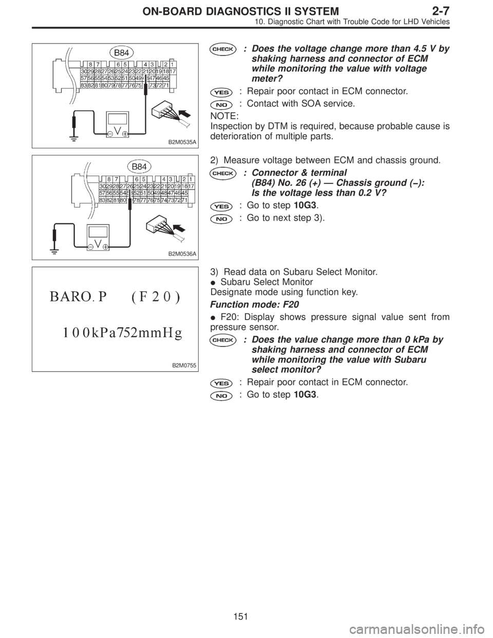 SUBARU LEGACY 1997  Service Repair Manual B2M0535A
: Does the voltage change more than 4.5 V by
shaking harness and connector of ECM
while monitoring the value with voltage
meter?
: Repair poor contact in ECM connector.
: Contact with SOA ser