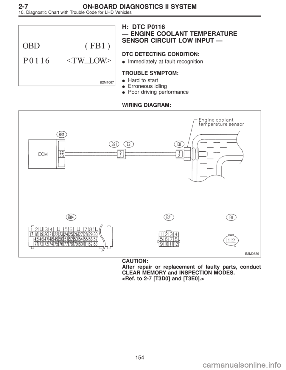 SUBARU LEGACY 1997  Service Repair Manual B2M1067
H: DTC P0116
—ENGINE COOLANT TEMPERATURE
SENSOR CIRCUIT LOW INPUT—
DTC DETECTING CONDITION:
Immediately at fault recognition
TROUBLE SYMPTOM:
Hard to start
Erroneous idling
Poor drivin