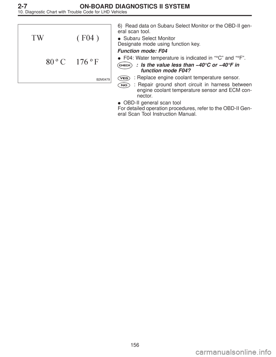 SUBARU LEGACY 1997  Service Repair Manual B2M0479
6) Read data on Subaru Select Monitor or the OBD-II gen-
eral scan tool.
Subaru Select Monitor
Designate mode using function key.
Function mode: F04
F04: Water temperature is indicated in“