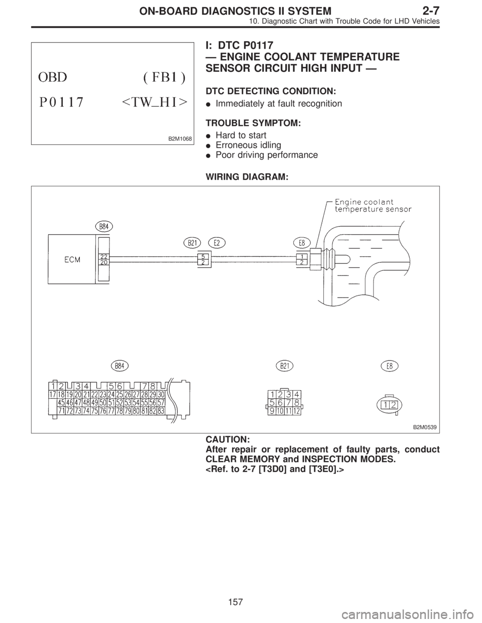 SUBARU LEGACY 1997  Service Repair Manual B2M1068
I: DTC P0117
—ENGINE COOLANT TEMPERATURE
SENSOR CIRCUIT HIGH INPUT—
DTC DETECTING CONDITION:
Immediately at fault recognition
TROUBLE SYMPTOM:
Hard to start
Erroneous idling
Poor drivi