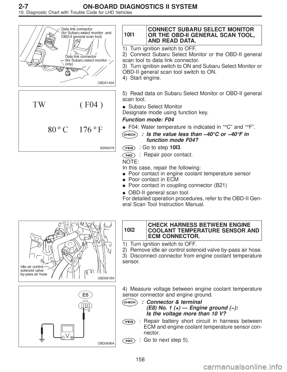 SUBARU LEGACY 1997 Service Repair Manual OBD0145A
10I1CONNECT SUBARU SELECT MONITOR
OR THE OBD-II GENERAL SCAN TOOL,
AND READ DATA.
1) Turn ignition switch to OFF.
2) Connect Subaru Select Monitor or the OBD-II general
scan tool to data link SUBARU LEGACY 1997 Service Repair Manual OBD0145A
10I1CONNECT SUBARU SELECT MONITOR
OR THE OBD-II GENERAL SCAN TOOL,
AND READ DATA.
1) Turn ignition switch to OFF.
2) Connect Subaru Select Monitor or the OBD-II general
scan tool to data link