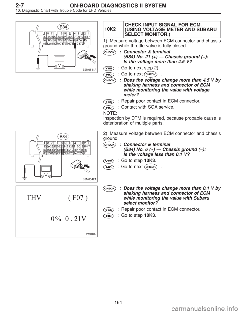 SUBARU LEGACY 1997  Service Repair Manual B2M0541A
10K2CHECK INPUT SIGNAL FOR ECM.
(USING VOLTAGE METER AND SUBARU
SELECT MONITOR.)
1) Measure voltage between ECM connector and chassis
ground while throttle valve is fully closed.
: Connector 