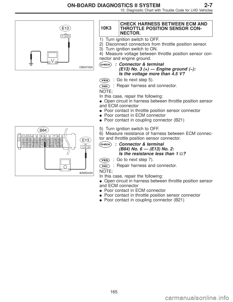 SUBARU LEGACY 1997 Service Repair Manual OBD0700A
10K3CHECK HARNESS BETWEEN ECM AND
THROTTLE POSITION SENSOR CON-
NECTOR.
1) Turn ignition switch to OFF.
2) Disconnect connectors from throttle position sensor.
3) Turn ignition switch to ON.
SUBARU LEGACY 1997 Service Repair Manual OBD0700A
10K3CHECK HARNESS BETWEEN ECM AND
THROTTLE POSITION SENSOR CON-
NECTOR.
1) Turn ignition switch to OFF.
2) Disconnect connectors from throttle position sensor.
3) Turn ignition switch to ON.