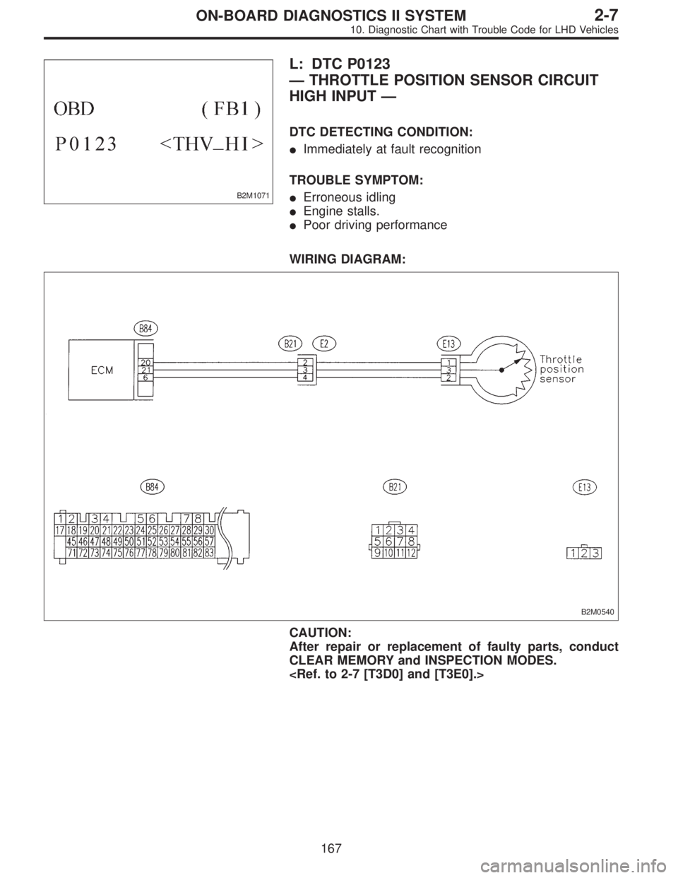 SUBARU LEGACY 1997  Service Repair Manual B2M1071
L: DTC P0123
—THROTTLE POSITION SENSOR CIRCUIT
HIGH INPUT—
DTC DETECTING CONDITION:
Immediately at fault recognition
TROUBLE SYMPTOM:
Erroneous idling
Engine stalls.
Poor driving perfo