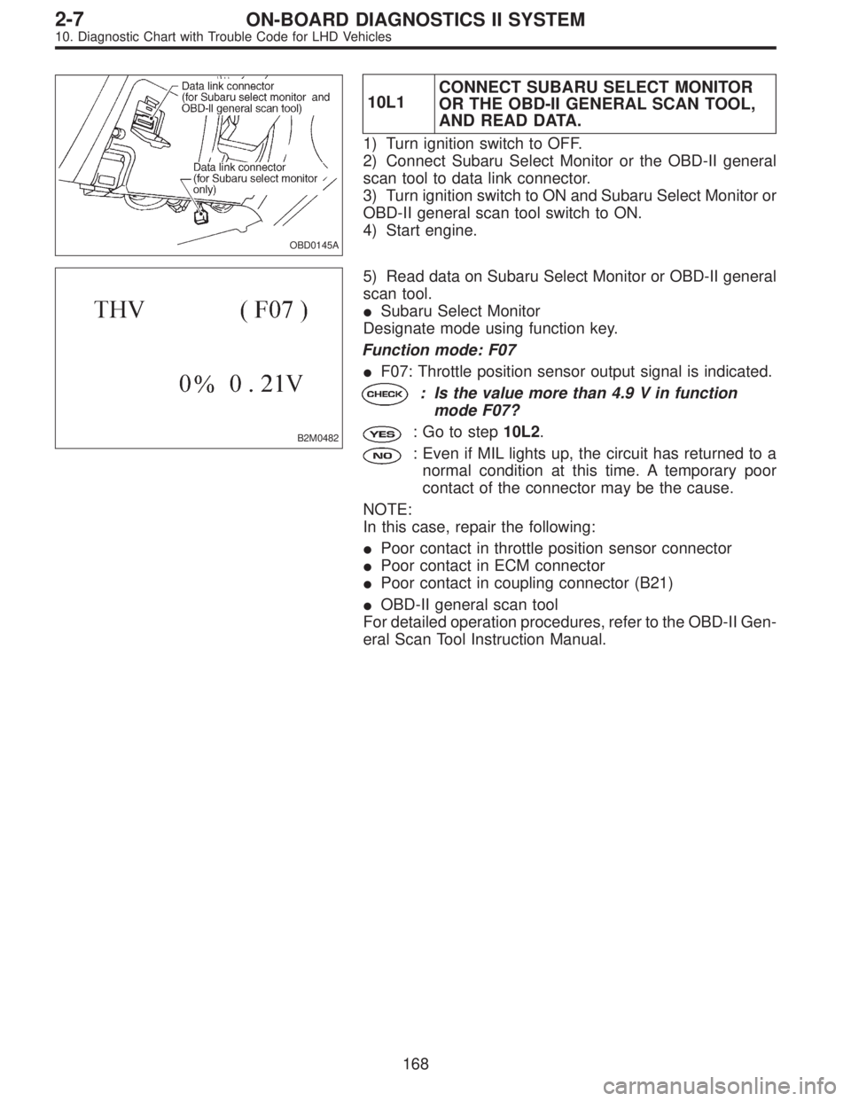SUBARU LEGACY 1997 Service Repair Manual OBD0145A
10L1CONNECT SUBARU SELECT MONITOR
OR THE OBD-II GENERAL SCAN TOOL,
AND READ DATA.
1) Turn ignition switch to OFF.
2) Connect Subaru Select Monitor or the OBD-II general
scan tool to data link SUBARU LEGACY 1997 Service Repair Manual OBD0145A
10L1CONNECT SUBARU SELECT MONITOR
OR THE OBD-II GENERAL SCAN TOOL,
AND READ DATA.
1) Turn ignition switch to OFF.
2) Connect Subaru Select Monitor or the OBD-II general
scan tool to data link