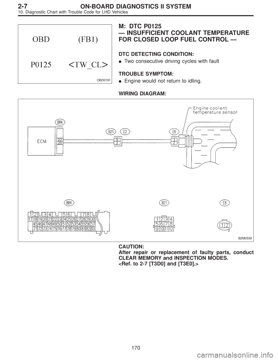 SUBARU LEGACY 1997  Service Repair Manual OBD0191
M: DTC P0125
—INSUFFICIENT COOLANT TEMPERATURE
FOR CLOSED LOOP FUEL CONTROL—
DTC DETECTING CONDITION:
Two consecutive driving cycles with fault
TROUBLE SYMPTOM:
Engine would not return t