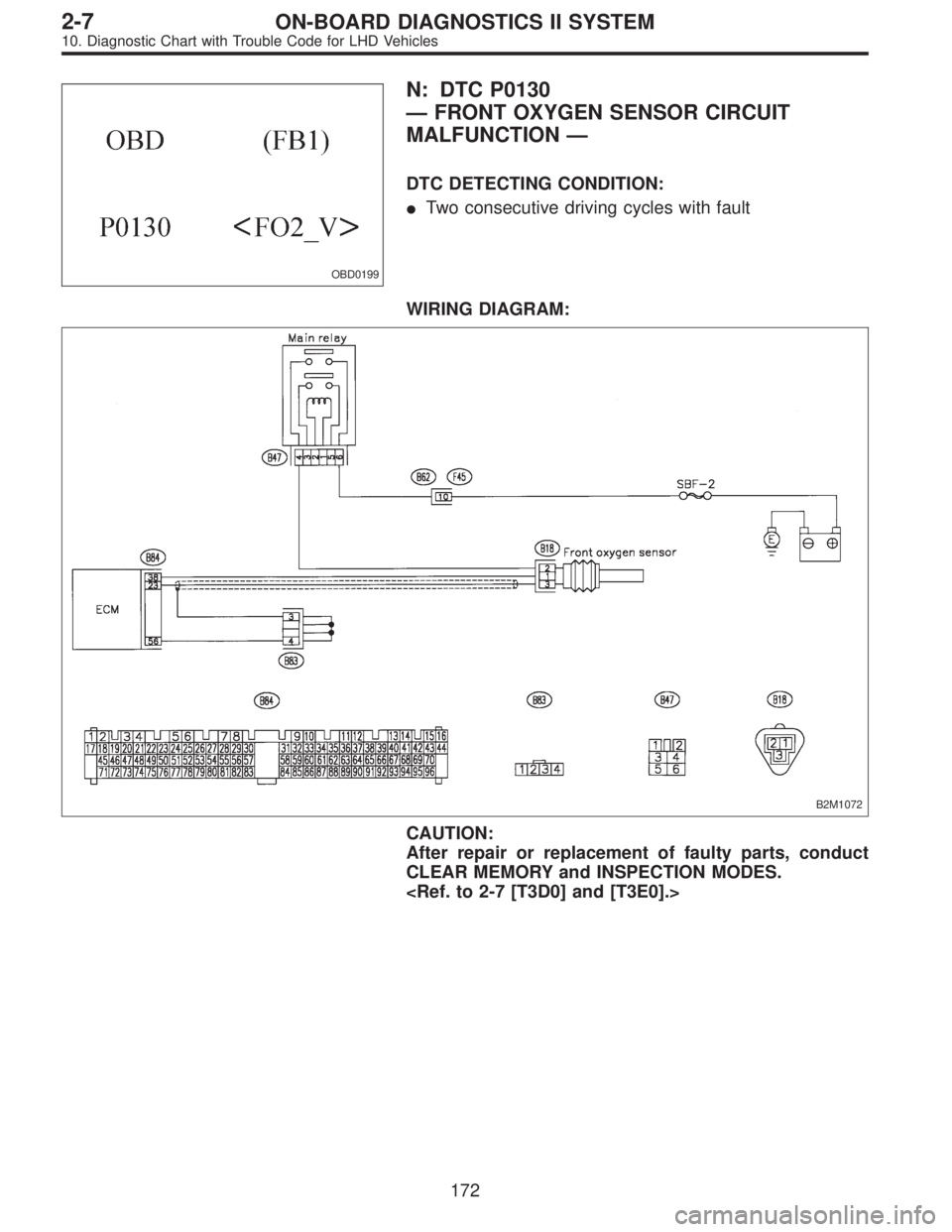 SUBARU LEGACY 1997  Service Repair Manual OBD0199
N: DTC P0130
—FRONT OXYGEN SENSOR CIRCUIT
MALFUNCTION—
DTC DETECTING CONDITION:
Two consecutive driving cycles with fault
WIRING DIAGRAM:
B2M1072
CAUTION:
After repair or replacement of f