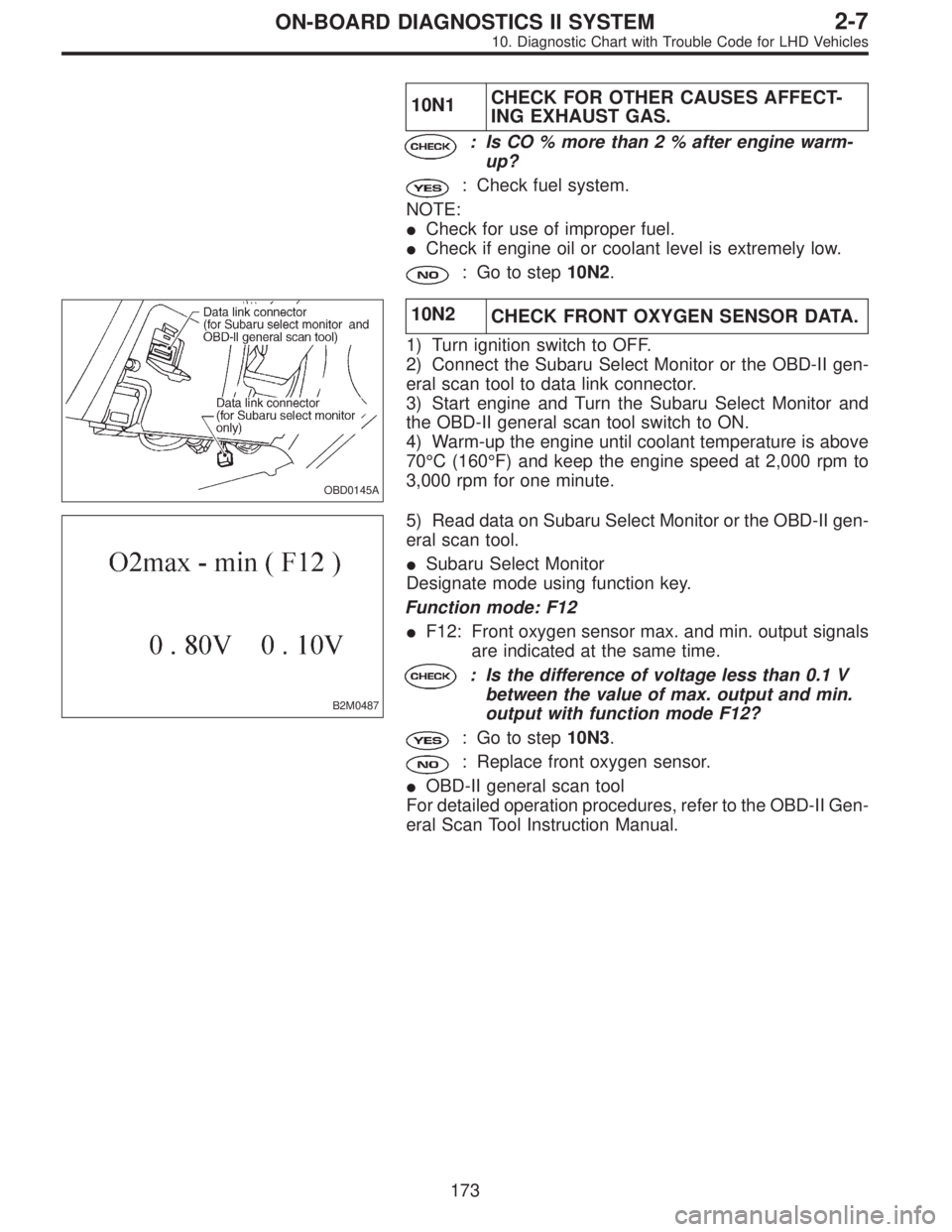 SUBARU LEGACY 1997 Service Repair Manual 10N1CHECK FOR OTHER CAUSES AFFECT-
ING EXHAUST GAS.
: Is CO % more than 2 % after engine warm-
up?
: Check fuel system.
NOTE:
Check for use of improper fuel.
Check if engine oil or coolant level is SUBARU LEGACY 1997 Service Repair Manual 10N1CHECK FOR OTHER CAUSES AFFECT-
ING EXHAUST GAS.
: Is CO % more than 2 % after engine warm-
up?
: Check fuel system.
NOTE:
Check for use of improper fuel.
Check if engine oil or coolant level is
