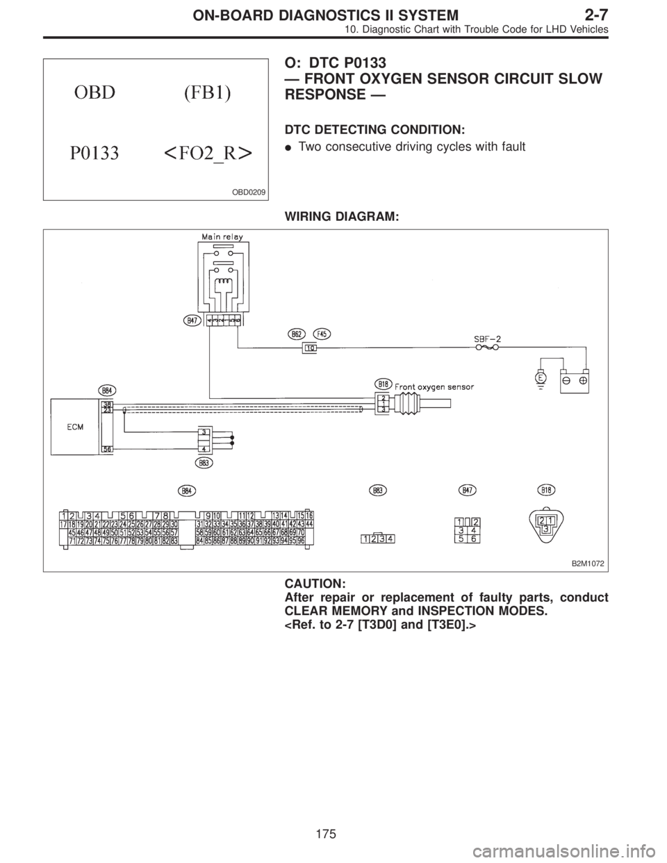 SUBARU LEGACY 1997  Service Repair Manual OBD0209
O: DTC P0133
—FRONT OXYGEN SENSOR CIRCUIT SLOW
RESPONSE—
DTC DETECTING CONDITION:
Two consecutive driving cycles with fault
WIRING DIAGRAM:
B2M1072
CAUTION:
After repair or replacement of
