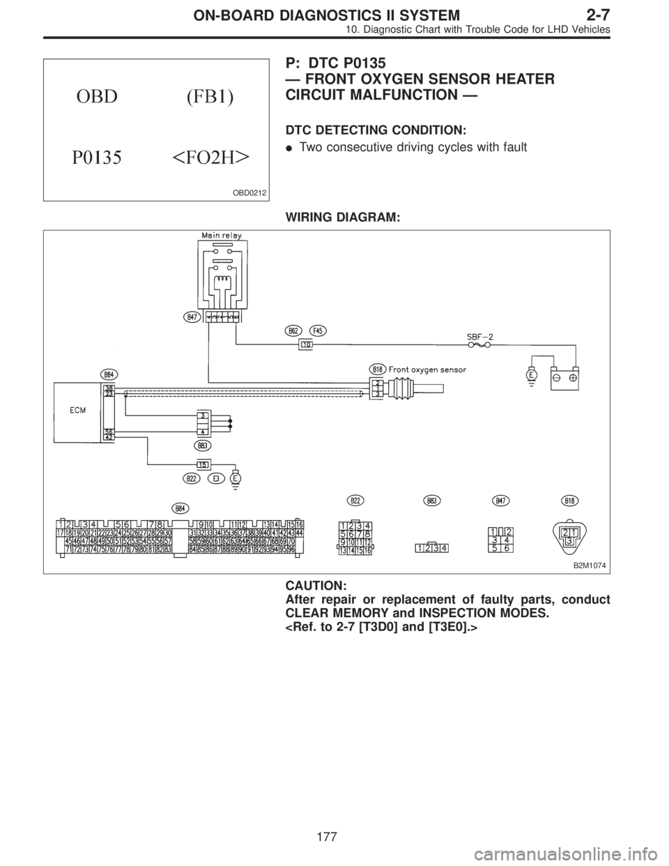 SUBARU LEGACY 1997  Service Repair Manual OBD0212
P: DTC P0135
—FRONT OXYGEN SENSOR HEATER
CIRCUIT MALFUNCTION—
DTC DETECTING CONDITION:
Two consecutive driving cycles with fault
WIRING DIAGRAM:
B2M1074
CAUTION:
After repair or replaceme