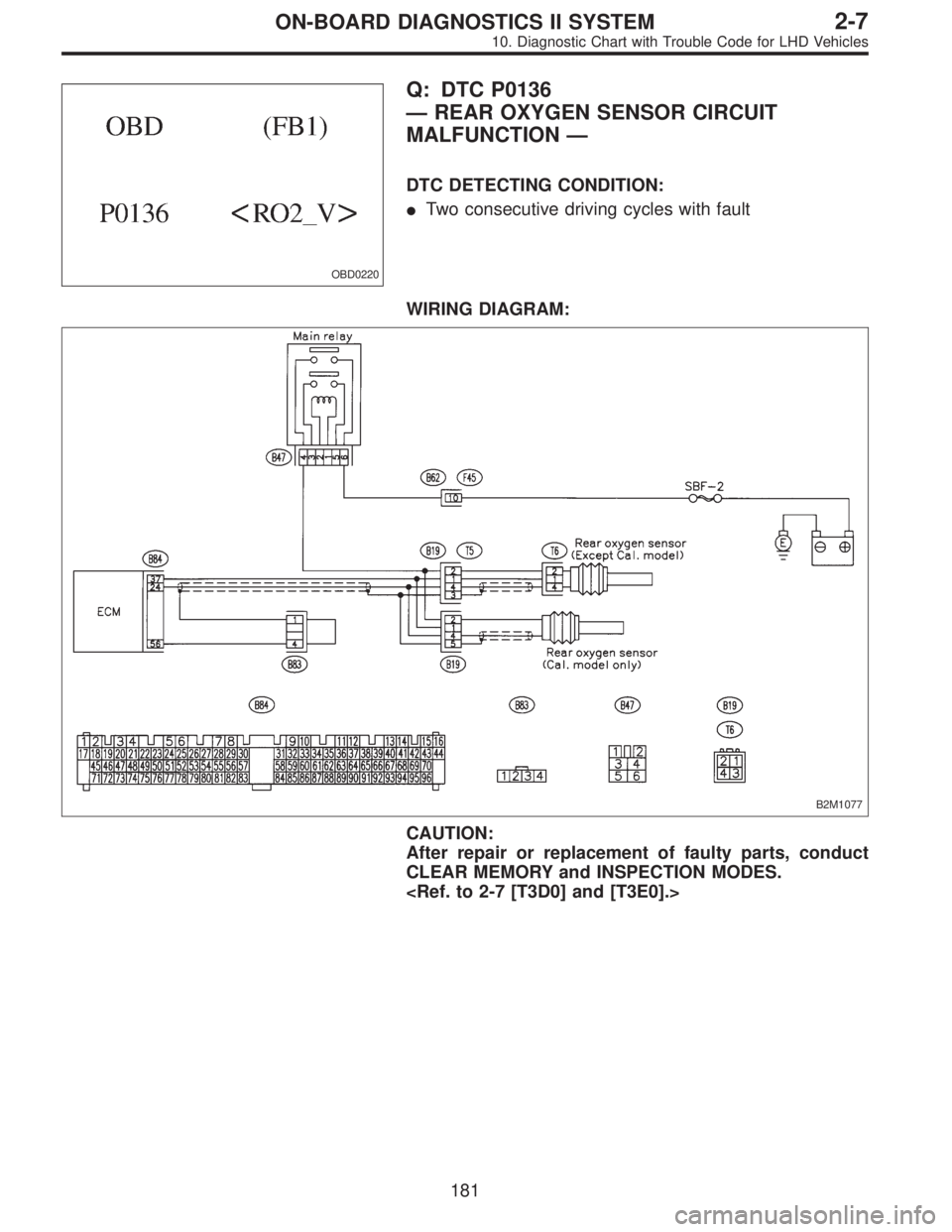 SUBARU LEGACY 1997  Service Repair Manual OBD0220
Q: DTC P0136
—REAR OXYGEN SENSOR CIRCUIT
MALFUNCTION—
DTC DETECTING CONDITION:
Two consecutive driving cycles with fault
WIRING DIAGRAM:
B2M1077
CAUTION:
After repair or replacement of fa