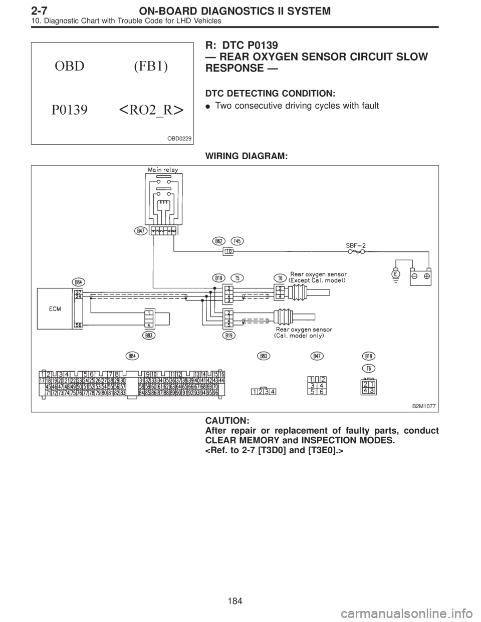 SUBARU LEGACY 1997  Service Repair Manual OBD0229
R: DTC P0139
—REAR OXYGEN SENSOR CIRCUIT SLOW
RESPONSE—
DTC DETECTING CONDITION:
Two consecutive driving cycles with fault
WIRING DIAGRAM:
B2M1077
CAUTION:
After repair or replacement of 