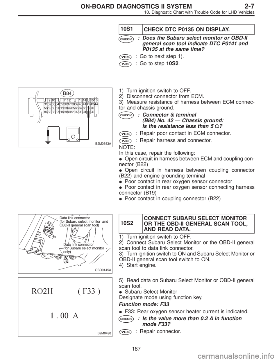 SUBARU LEGACY 1997 Service Repair Manual 10S1
CHECK DTC P0135 ON DISPLAY.
: Does the Subaru select monitor or OBD-II
general scan tool indicate DTC P0141 and
P0135 at the same time?
: Go to next step 1).
: Go to step10S2.
B2M0553A
1) Turn ig SUBARU LEGACY 1997 Service Repair Manual 10S1
CHECK DTC P0135 ON DISPLAY.
: Does the Subaru select monitor or OBD-II
general scan tool indicate DTC P0141 and
P0135 at the same time?
: Go to next step 1).
: Go to step10S2.
B2M0553A
1) Turn ig
