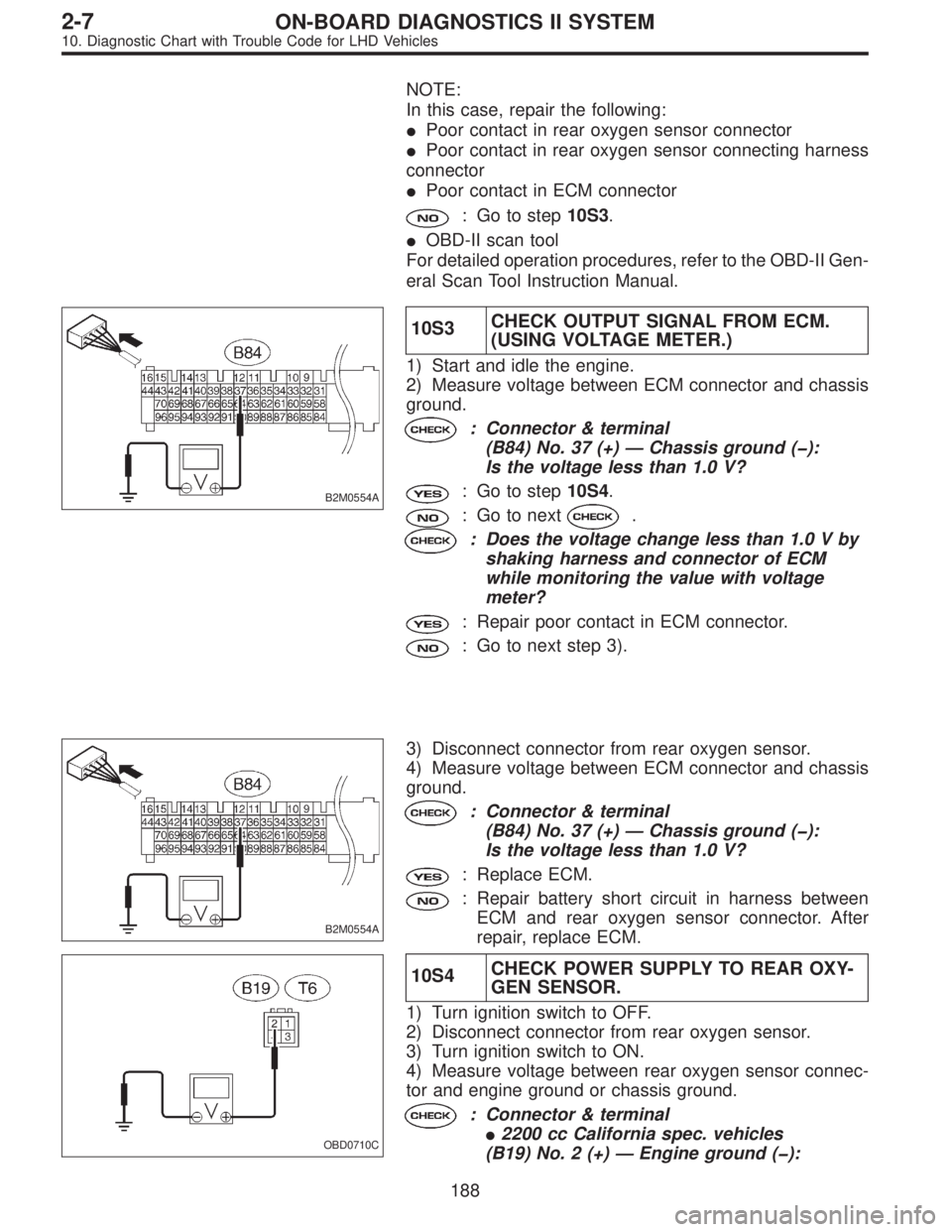 SUBARU LEGACY 1997  Service Repair Manual NOTE:
In this case, repair the following:
Poor contact in rear oxygen sensor connector
Poor contact in rear oxygen sensor connecting harness
connector
Poor contact in ECM connector
: Go to step10S3