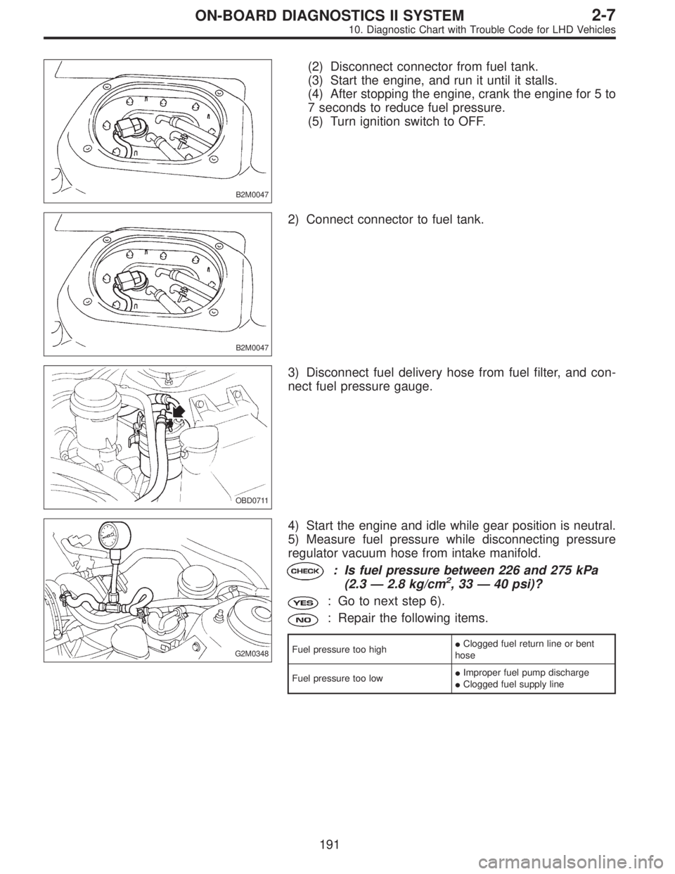 SUBARU LEGACY 1997  Service Repair Manual B2M0047
(2) Disconnect connector from fuel tank.
(3) Start the engine, and run it until it stalls.
(4) After stopping the engine, crank the engine for 5 to
7 seconds to reduce fuel pressure.
(5) Turn 