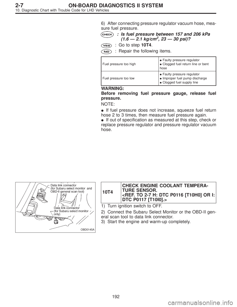 SUBARU LEGACY 1997  Service Repair Manual 6) After connecting pressure regulator vacuum hose, mea-
sure fuel pressure.
: Is fuel pressure between 157 and 206 kPa
(1.6—2.1 kg/cm2,23—30 psi)?
: Go to step10T4.
: Repair the following items.
