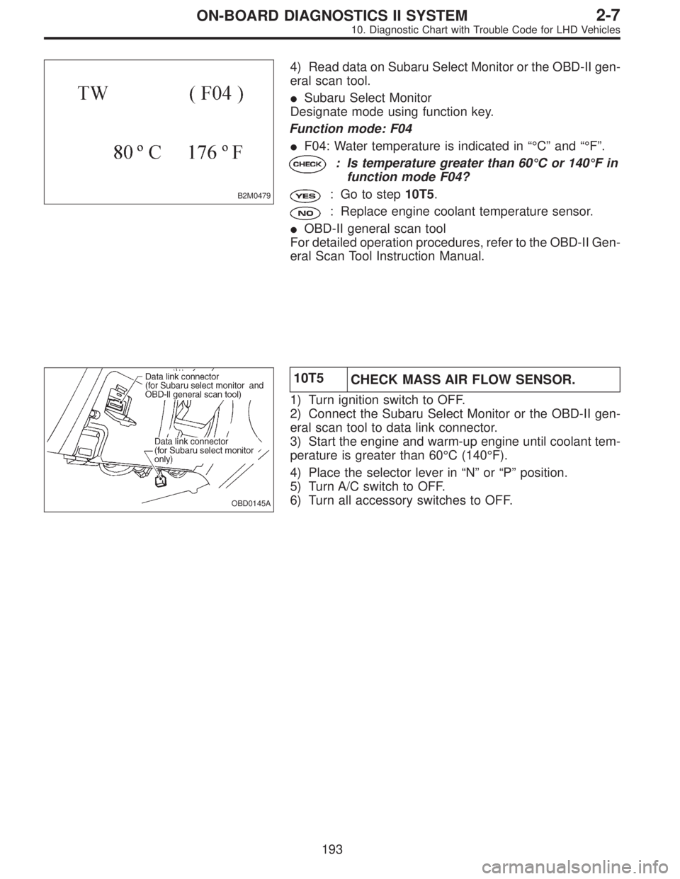 SUBARU LEGACY 1997  Service Repair Manual B2M0479
4) Read data on Subaru Select Monitor or the OBD-II gen-
eral scan tool.
Subaru Select Monitor
Designate mode using function key.
Function mode: F04
F04: Water temperature is indicated in“