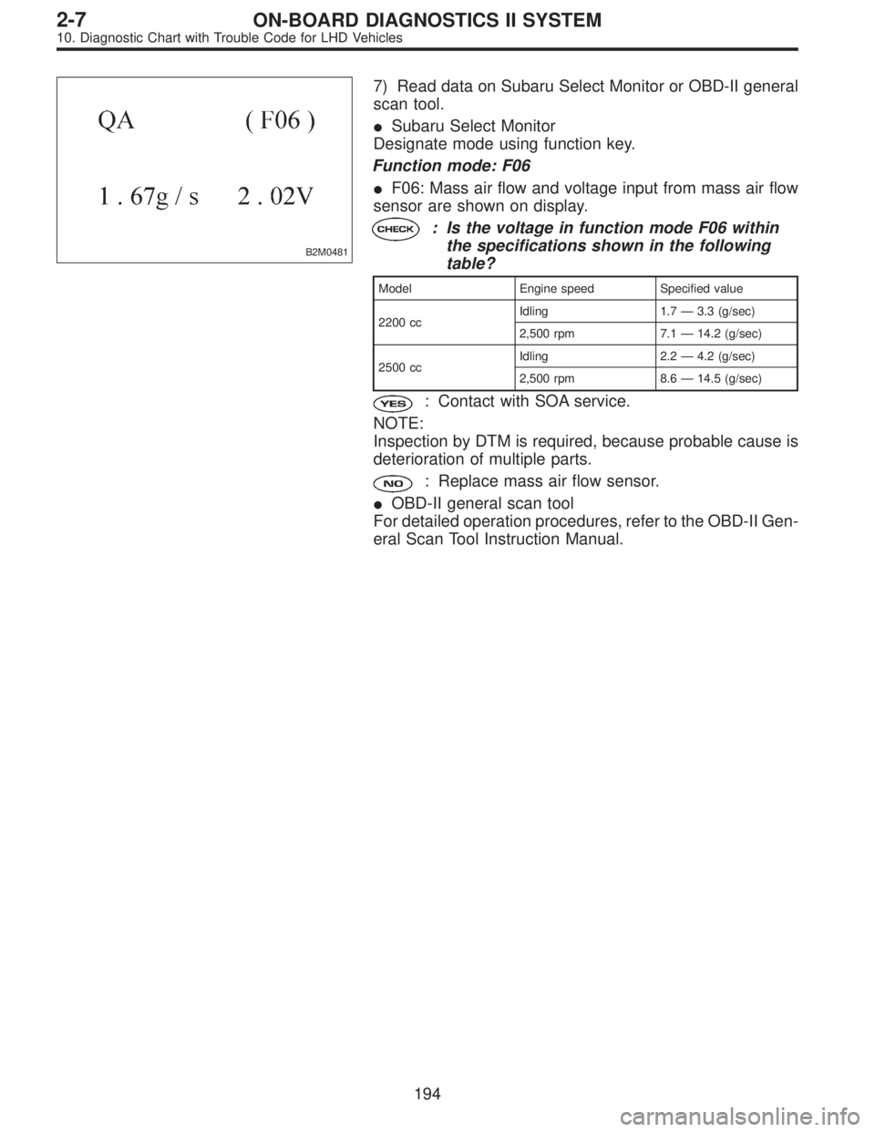 SUBARU LEGACY 1997  Service Repair Manual B2M0481
7) Read data on Subaru Select Monitor or OBD-II general
scan tool.
Subaru Select Monitor
Designate mode using function key.
Function mode: F06
F06: Mass air flow and voltage input from mass 