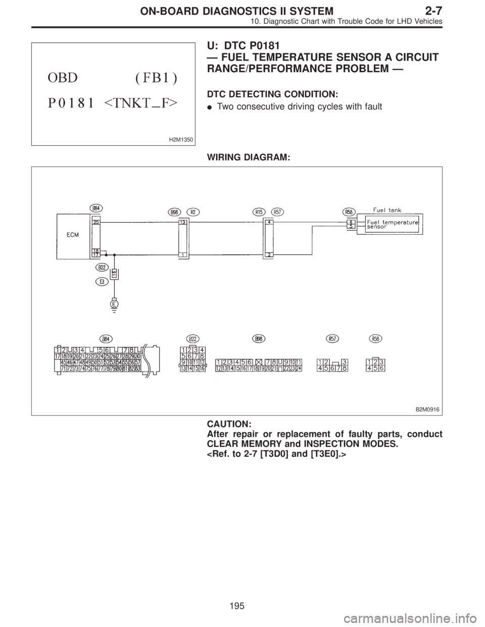 SUBARU LEGACY 1997  Service Repair Manual H2M1350
U: DTC P0181
—FUEL TEMPERATURE SENSOR A CIRCUIT
RANGE/PERFORMANCE PROBLEM—
DTC DETECTING CONDITION:
Two consecutive driving cycles with fault
WIRING DIAGRAM:
B2M0916
CAUTION:
After repair