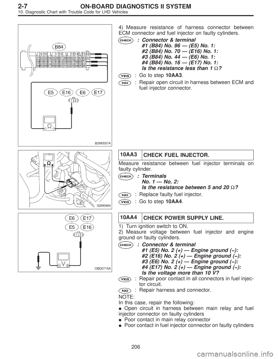 SUBARU LEGACY 1997 Service Repair Manual B2M0557A
4) Measure resistance of harness connector between
ECM connector and fuel injector on faulty cylinders.
: Connector & terminal
#1 (B84) No. 96—(E5) No. 1:
#2 (B84) No. 70—(E16) No. 1:
#3 SUBARU LEGACY 1997 Service Repair Manual B2M0557A
4) Measure resistance of harness connector between
ECM connector and fuel injector on faulty cylinders.
: Connector & terminal
#1 (B84) No. 96—(E5) No. 1:
#2 (B84) No. 70—(E16) No. 1:
#3