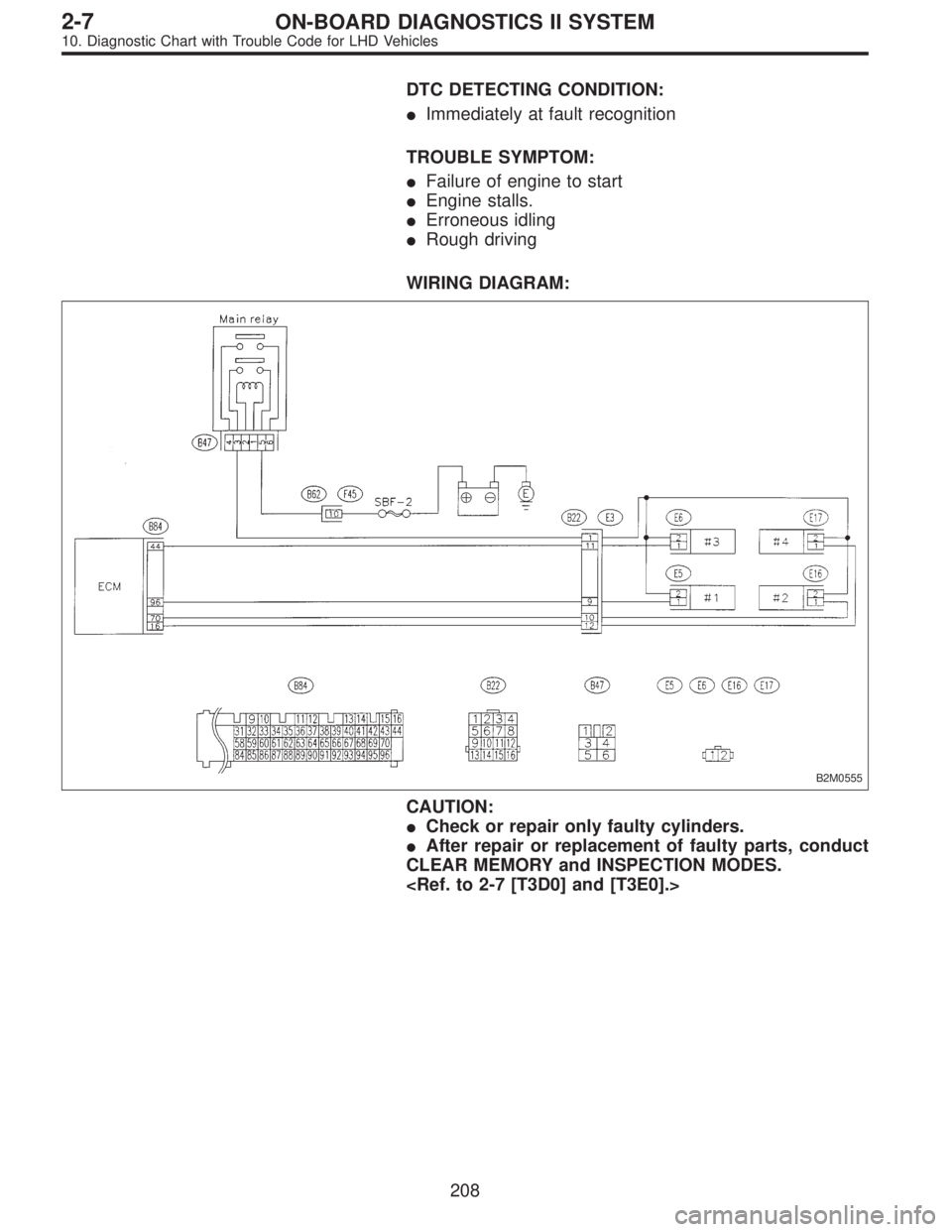 SUBARU LEGACY 1997  Service Repair Manual DTC DETECTING CONDITION:
Immediately at fault recognition
TROUBLE SYMPTOM:
Failure of engine to start
Engine stalls.
Erroneous idling
Rough driving
WIRING DIAGRAM:
B2M0555
CAUTION:
Check or repa