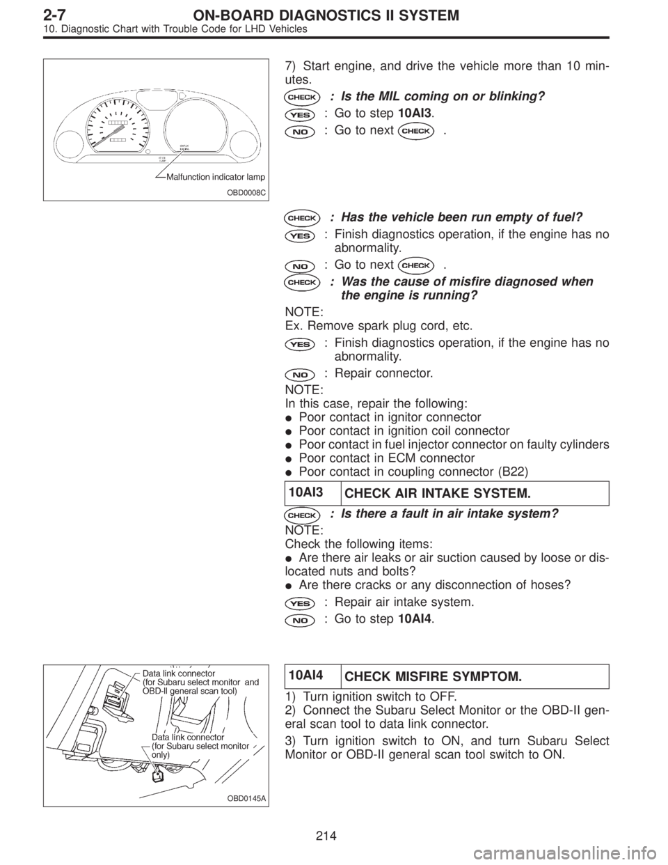 SUBARU LEGACY 1997 Service Repair Manual OBD0008C
7) Start engine, and drive the vehicle more than 10 min-
utes.
: Is the MIL coming on or blinking?
: Go to step10AI3.
: Go to next.
: Has the vehicle been run empty of fuel?
: Finish diagnost SUBARU LEGACY 1997 Service Repair Manual OBD0008C
7) Start engine, and drive the vehicle more than 10 min-
utes.
: Is the MIL coming on or blinking?
: Go to step10AI3.
: Go to next.
: Has the vehicle been run empty of fuel?
: Finish diagnost