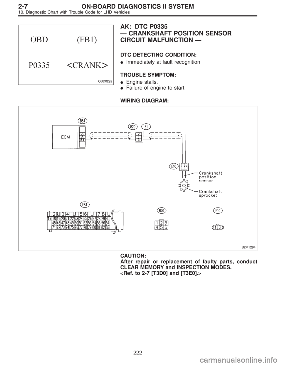 SUBARU LEGACY 1997  Service Repair Manual OBD0292
AK: DTC P0335
—CRANKSHAFT POSITION SENSOR
CIRCUIT MALFUNCTION—
DTC DETECTING CONDITION:
Immediately at fault recognition
TROUBLE SYMPTOM:
Engine stalls.
Failure of engine to start
WIRIN