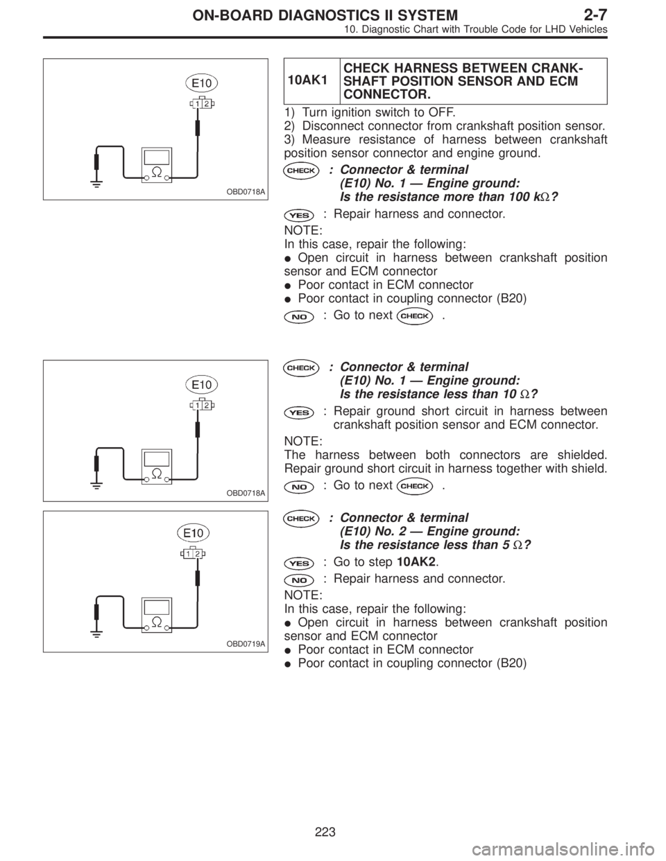 SUBARU LEGACY 1997  Service Repair Manual OBD0718A
10AK1CHECK HARNESS BETWEEN CRANK-
SHAFT POSITION SENSOR AND ECM
CONNECTOR.
1) Turn ignition switch to OFF.
2) Disconnect connector from crankshaft position sensor.
3) Measure resistance of ha