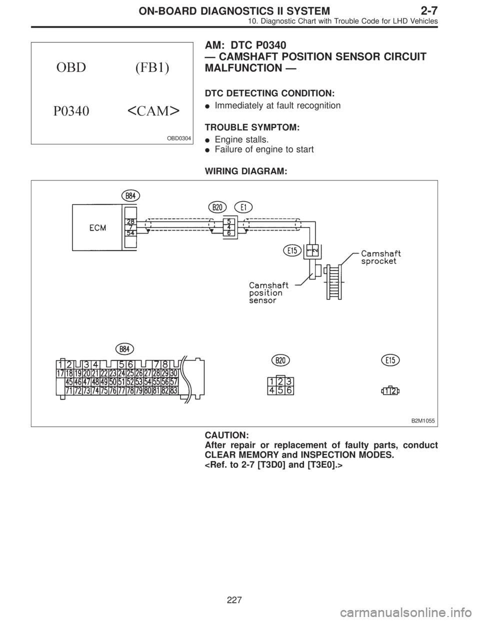 SUBARU LEGACY 1997  Service Repair Manual OBD0304
AM: DTC P0340
—CAMSHAFT POSITION SENSOR CIRCUIT
MALFUNCTION—
DTC DETECTING CONDITION:
Immediately at fault recognition
TROUBLE SYMPTOM:
Engine stalls.
Failure of engine to start
WIRING 