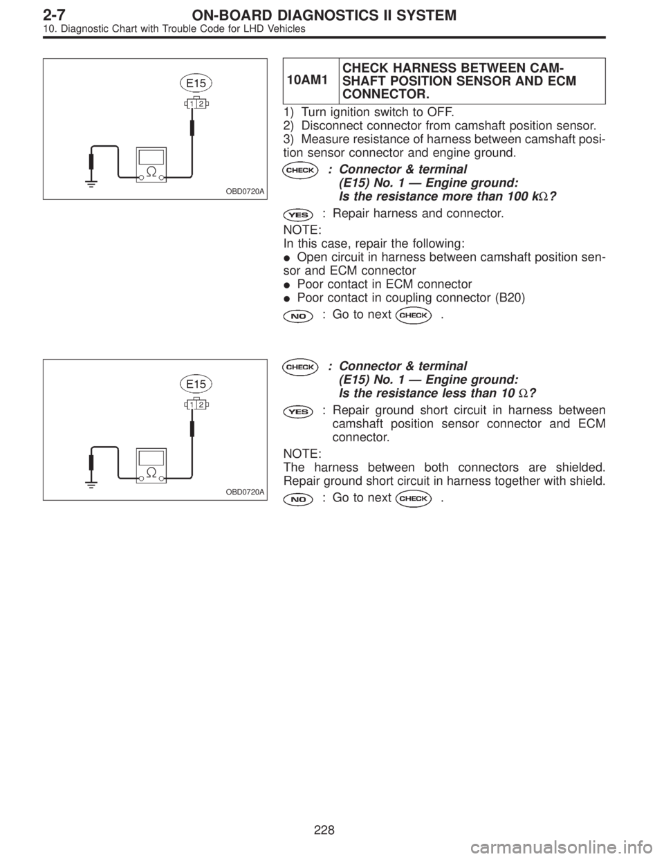 SUBARU LEGACY 1997  Service Repair Manual OBD0720A
10AM1CHECK HARNESS BETWEEN CAM-
SHAFT POSITION SENSOR AND ECM
CONNECTOR.
1) Turn ignition switch to OFF.
2) Disconnect connector from camshaft position sensor.
3) Measure resistance of harnes