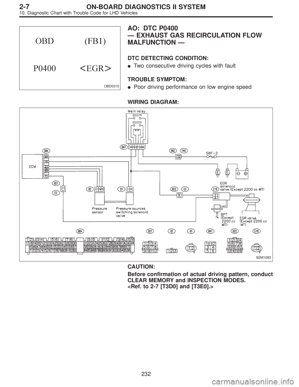 SUBARU LEGACY 1997  Service Repair Manual OBD0315
AO: DTC P0400
—EXHAUST GAS RECIRCULATION FLOW
MALFUNCTION—
DTC DETECTING CONDITION:
Two consecutive driving cycles with fault
TROUBLE SYMPTOM:
Poor driving performance on low engine spee
