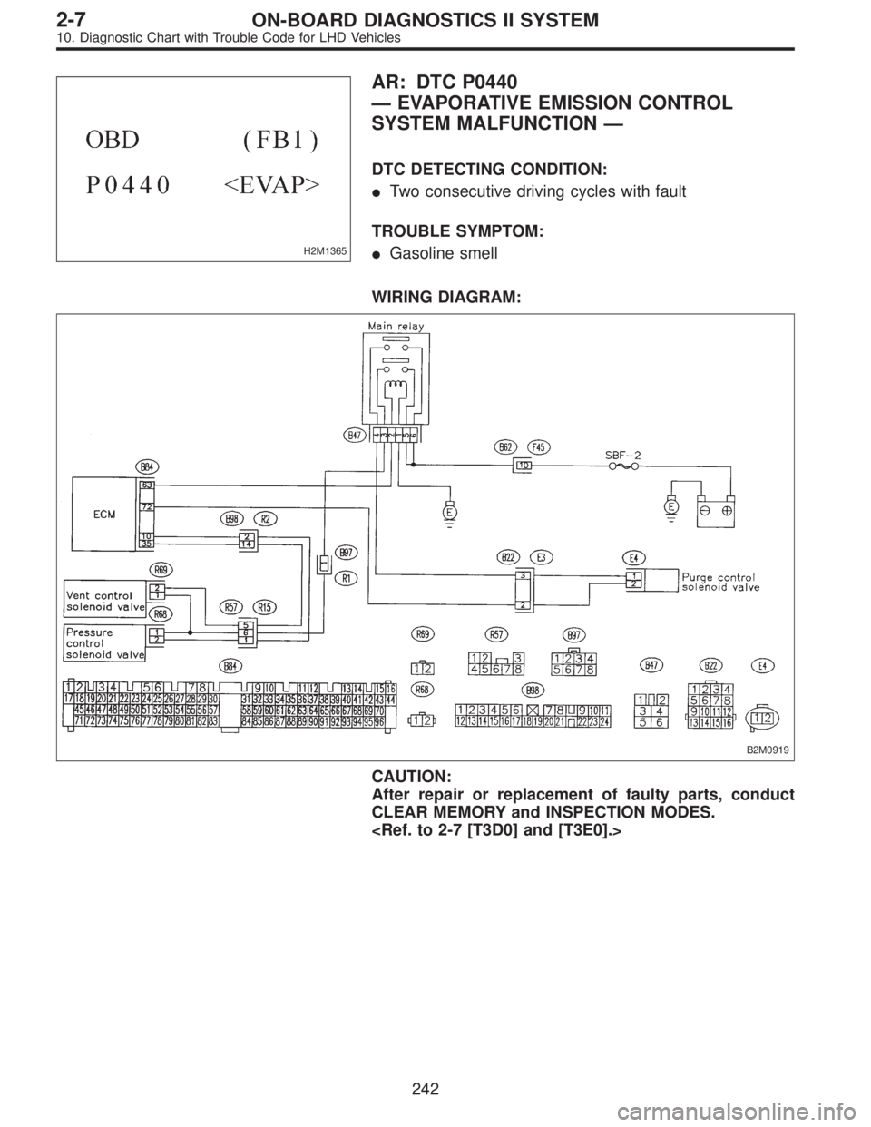 SUBARU LEGACY 1997  Service Repair Manual H2M1365
AR: DTC P0440
—EVAPORATIVE EMISSION CONTROL
SYSTEM MALFUNCTION—
DTC DETECTING CONDITION:
Two consecutive driving cycles with fault
TROUBLE SYMPTOM:
Gasoline smell
WIRING DIAGRAM:
B2M0919