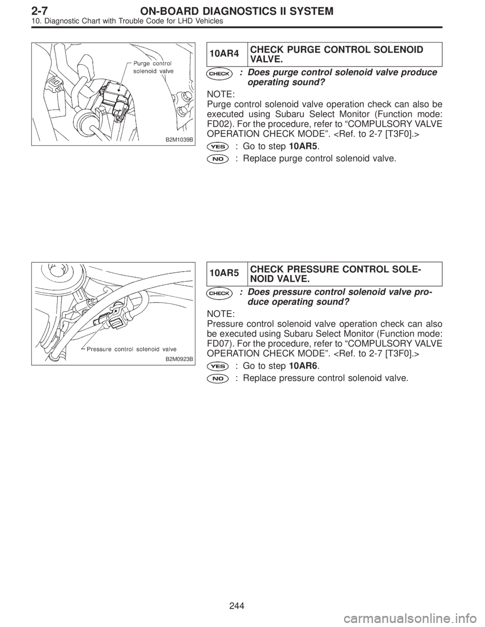 SUBARU LEGACY 1997  Service Repair Manual B2M1039B
10AR4CHECK PURGE CONTROL SOLENOID
VA LV E .
: Does purge control solenoid valve produce
operating sound?
NOTE:
Purge control solenoid valve operation check can also be
executed using Subaru S