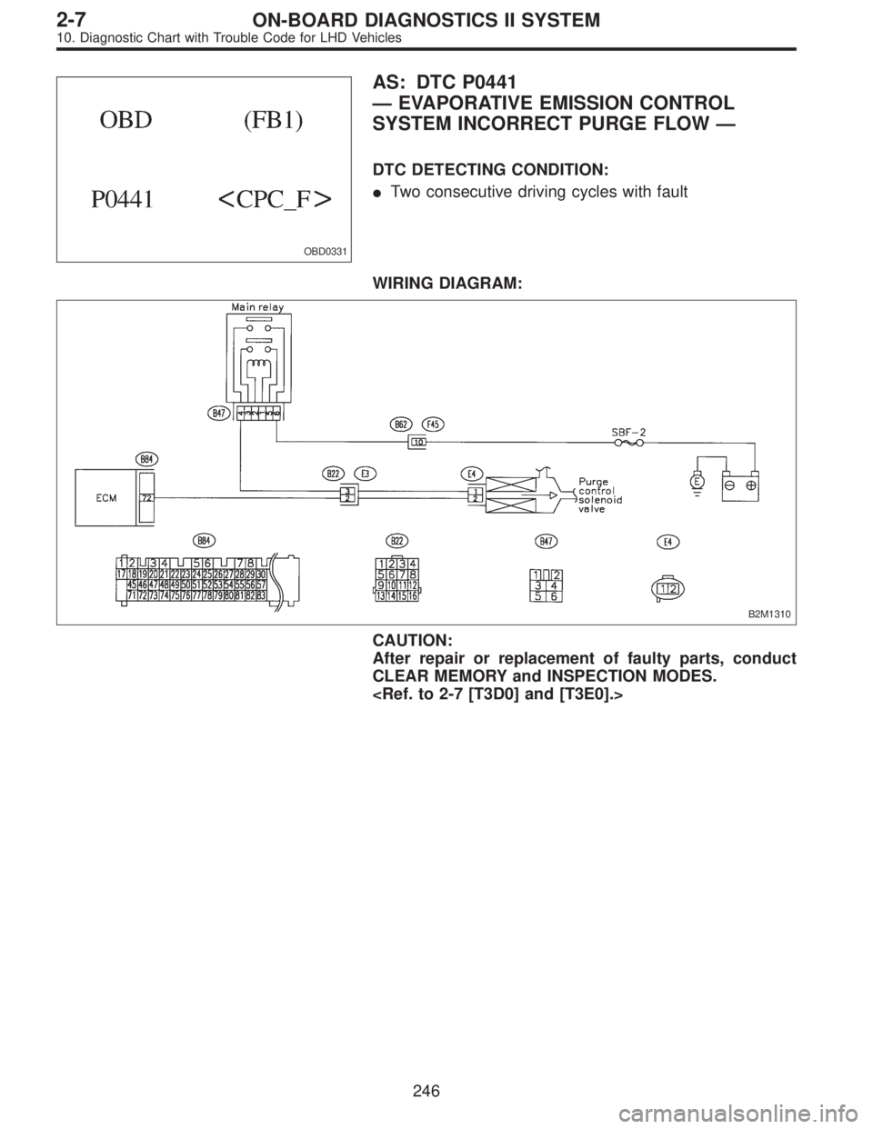 SUBARU LEGACY 1997  Service Repair Manual OBD0331
AS: DTC P0441
—EVAPORATIVE EMISSION CONTROL
SYSTEM INCORRECT PURGE FLOW—
DTC DETECTING CONDITION:
Two consecutive driving cycles with fault
WIRING DIAGRAM:
B2M1310
CAUTION:
After repair o