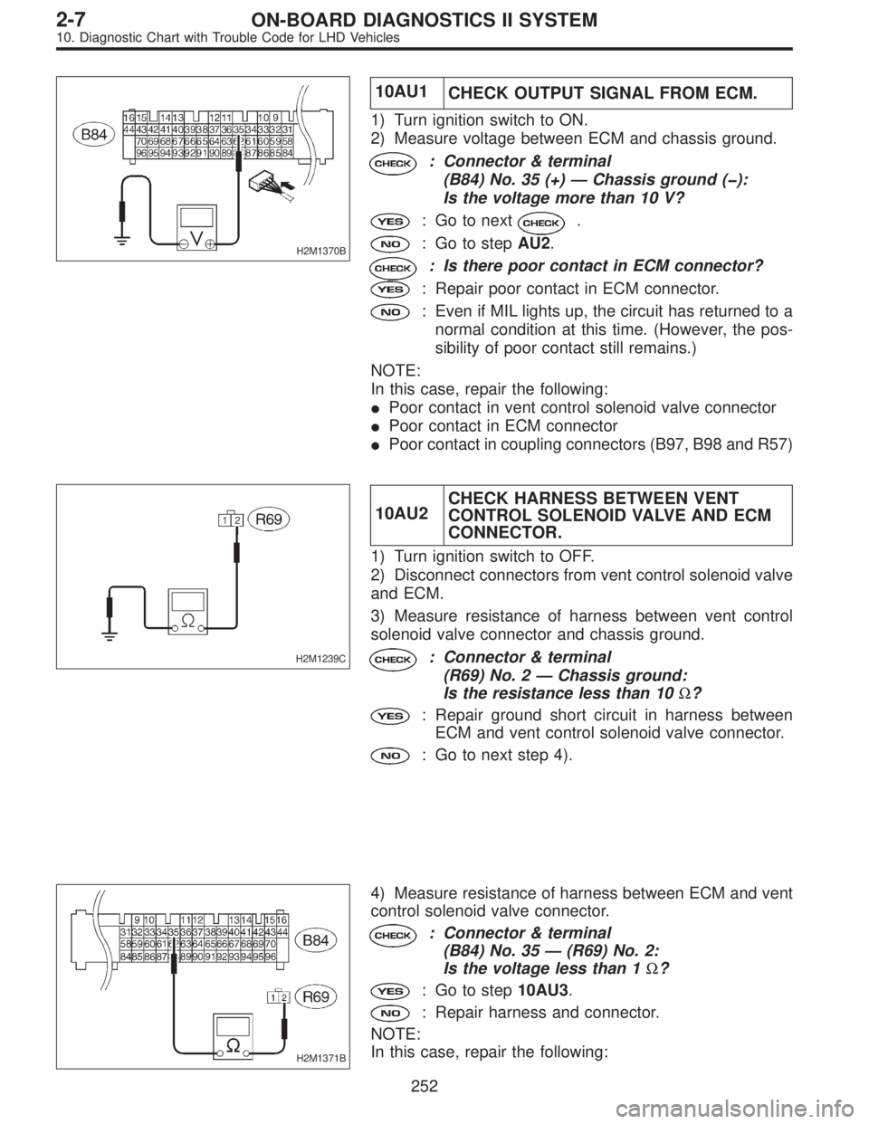 SUBARU LEGACY 1997  Service Repair Manual H2M1370B
10AU1
CHECK OUTPUT SIGNAL FROM ECM.
1) Turn ignition switch to ON.
2) Measure voltage between ECM and chassis ground.
: Connector & terminal
(B84) No. 35 (+)—Chassis ground (�):
Is the volt