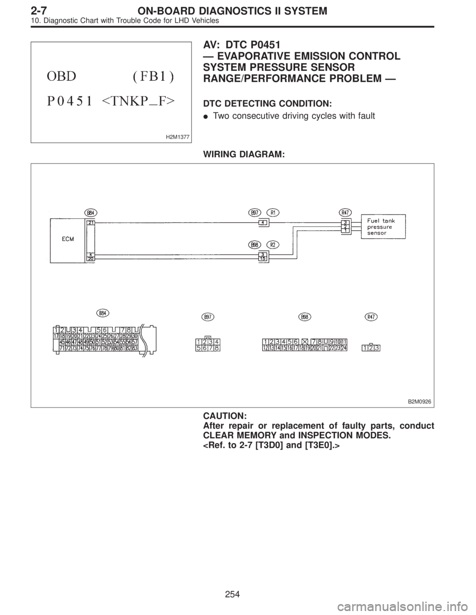 SUBARU LEGACY 1997  Service Repair Manual H2M1377
AV: DTC P0451
—EVAPORATIVE EMISSION CONTROL
SYSTEM PRESSURE SENSOR
RANGE/PERFORMANCE PROBLEM—
DTC DETECTING CONDITION:
Two consecutive driving cycles with fault
WIRING DIAGRAM:
B2M0926
CA