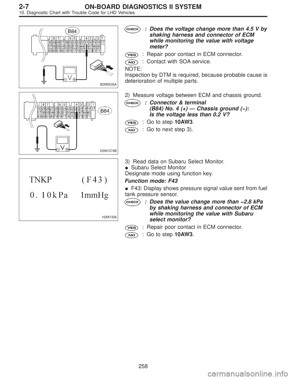 SUBARU LEGACY 1997  Service Repair Manual B2M0535A
: Does the voltage change more than 4.5 V by
shaking harness and connector of ECM
while monitoring the value with voltage
meter?
: Repair poor contact in ECM connector.
: Contact with SOA ser