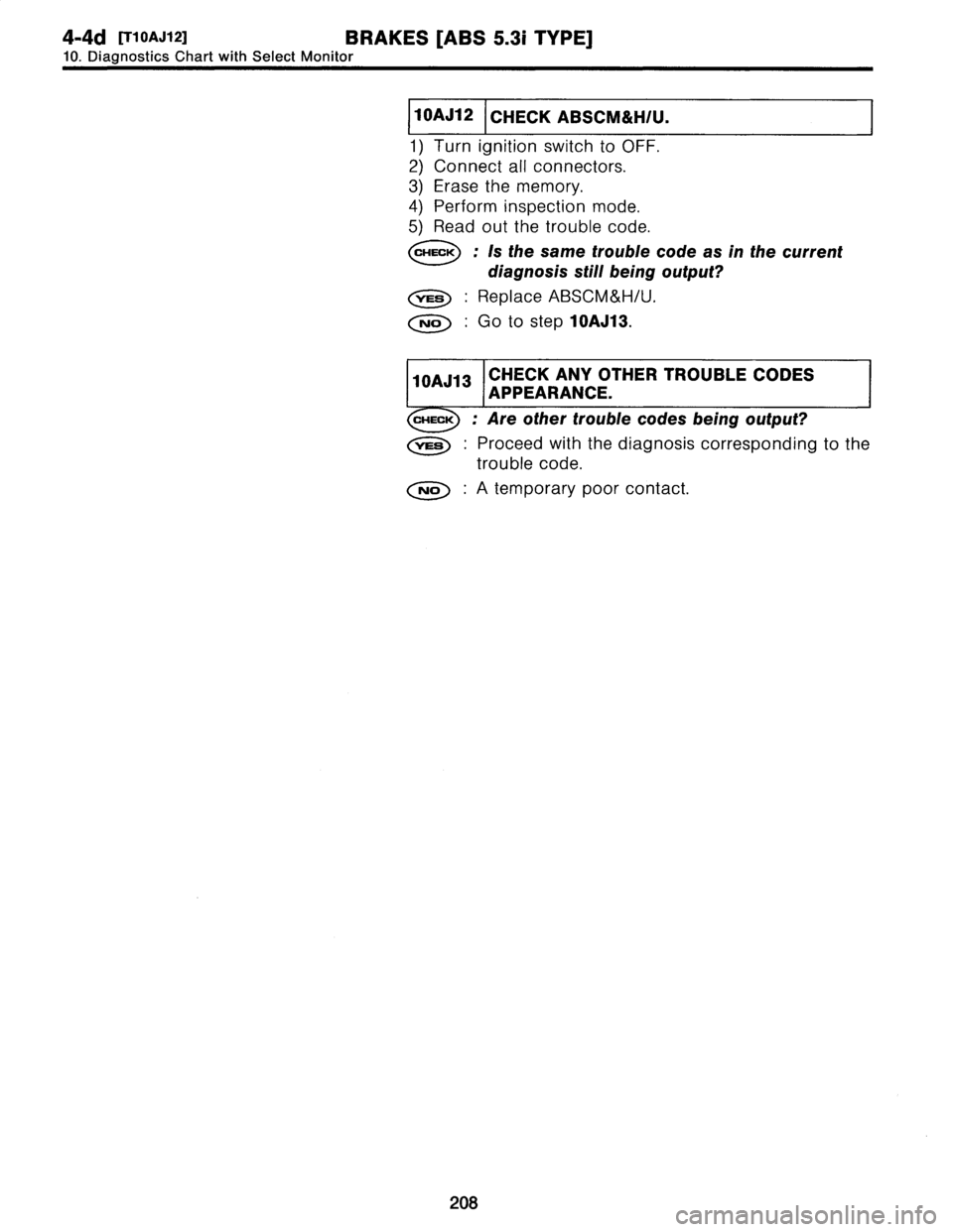 SUBARU LEGACY 1997  Service Repair Manual 
4-4d
[T1oAJ12]
BRAKES
[ABS
5
.31
TYPE]

10
.
Diagnostics
Chart
withSelect
Monitor

[
-k-
VO
J12
I
CHECK
ABSCM&H/U
.

1)
Turn
ignition
switch
to
OFF
.

2)
Connect
all
connectors
.

3)
Erasethe
memory
