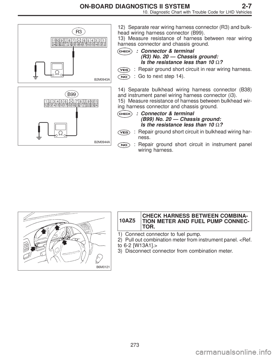 SUBARU LEGACY 1997  Service Repair Manual B2M0943A
12) Separate rear wiring harness connector (R3) and bulk-
head wiring harness connector (B99).
13) Measure resistance of harness between rear wiring
harness connector and chassis ground.
: Co