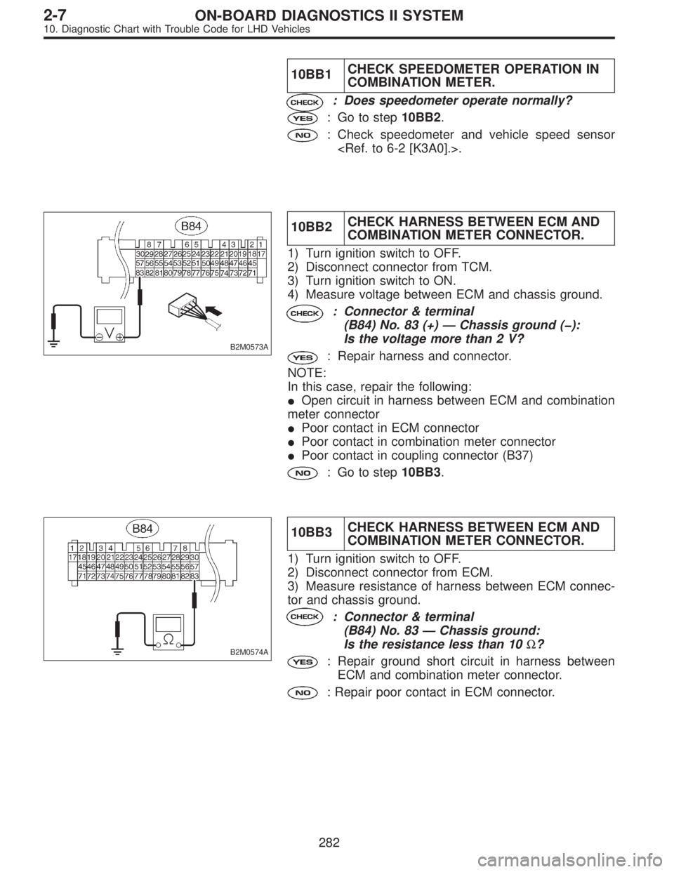 SUBARU LEGACY 1997  Service Repair Manual 10BB1CHECK SPEEDOMETER OPERATION IN
COMBINATION METER.
: Does speedometer operate normally?
: Go to step10BB2.
: Check speedometer and vehicle speed sensor
<Ref. to 6-2 [K3A0].>.
B2M0573A
10BB2CHECK H